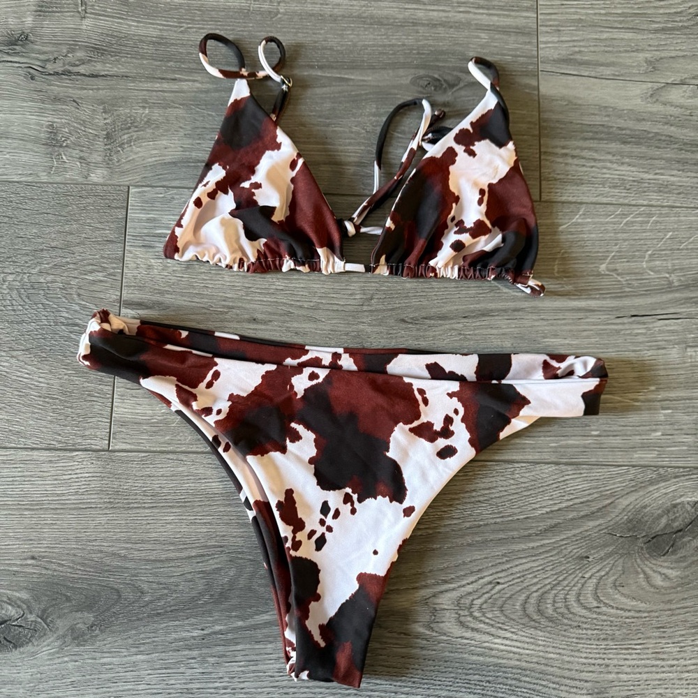 Skatie Brown and White Cow Print Triangle Bikini